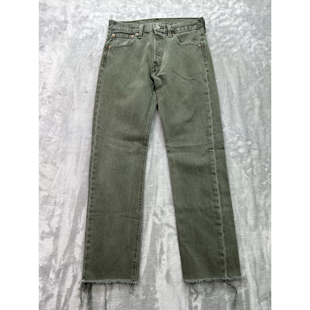 Levis 501 Jeans Mens Sz 29x30 Green Straight Faded Denim Raw Hem Grunge Button